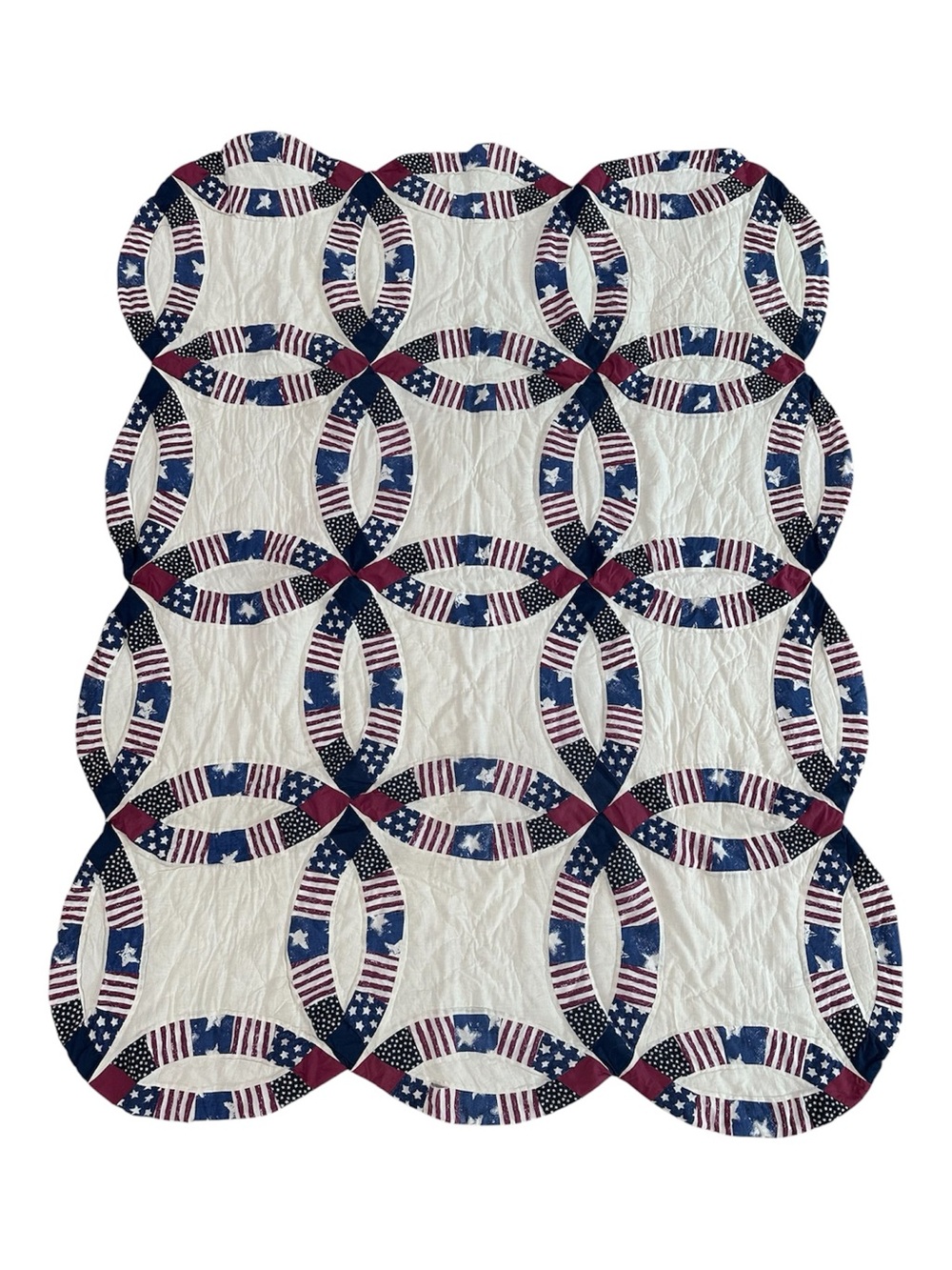 Handmade Patriotic Double Wedding Ring Quilt Throw Red White Blue 58" x 45"